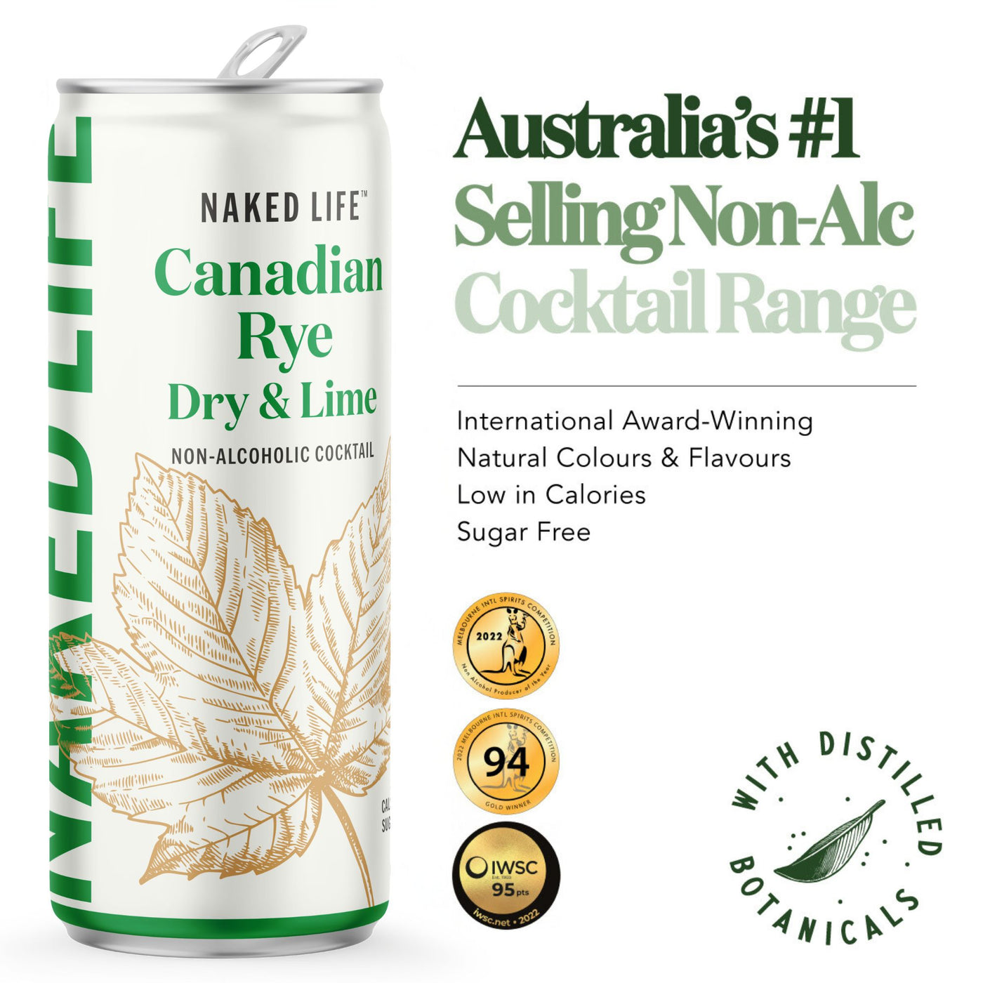 Naked Life Non-Alcoholic Cocktail Canadian Rye Spirit, Dry & Lime - 6 x 4 x 250ml Cans