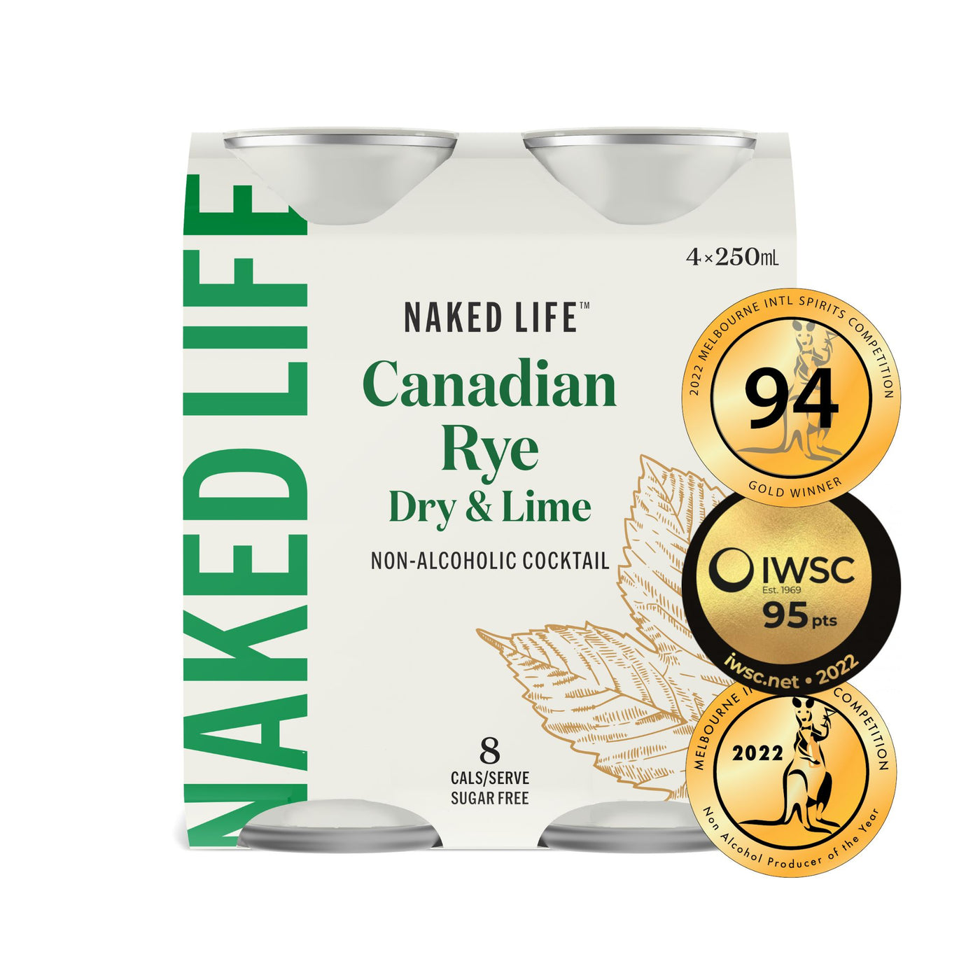 Naked Life Non-Alcoholic Cocktail Canadian Rye Spirit, Dry & Lime - 6 x 4 x 250ml Cans